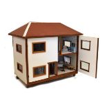 Vintage dolls house of double fronted design with hinged roof and front revealing two storey