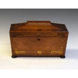 19th Century rosewood sarcophagus shaped tea caddy having gilt painted decoration, the hinged