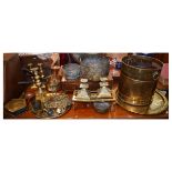 Group of assorted brass and copper wares to include; Indian tray and pots, chestnut roasting pan,