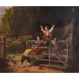 Pears advertising print depicting five children at a five-bar gate, 44cm x 56cm, in card mount, gilt