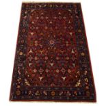 Middle Eastern rug having allover stylised foliate decoration on a red ground within multi
