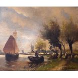 Leo Oosthout - Oil on panel - A Dutch riverside landscape, signed, 13.5cm x 17.5cm, in a