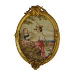 19th Century oval needlepoint picture depicting a child fisherman and a young girl on a river