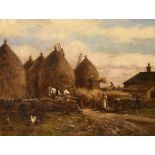 Allan Ramsay - 19th Century oil on board - A rural scene with haystacks and hay cart, signed and
