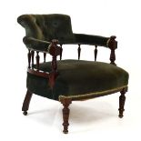 Late Victorian tub back easy chair having a deep buttoned back rest on horseshoe balustrade, ring