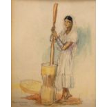 Bryan De Grineau - Watercolour - Trinidad, a young lady with mortar and pestle, signed and