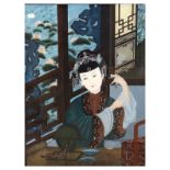 Modern Chinese reverse glass painting depicting a lady at a mirror, 28.5cm x 40.5cm, framed