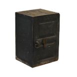 Coalbrookdale cast iron safe of panel design, the hinged door enclosing shaped shelf over two base