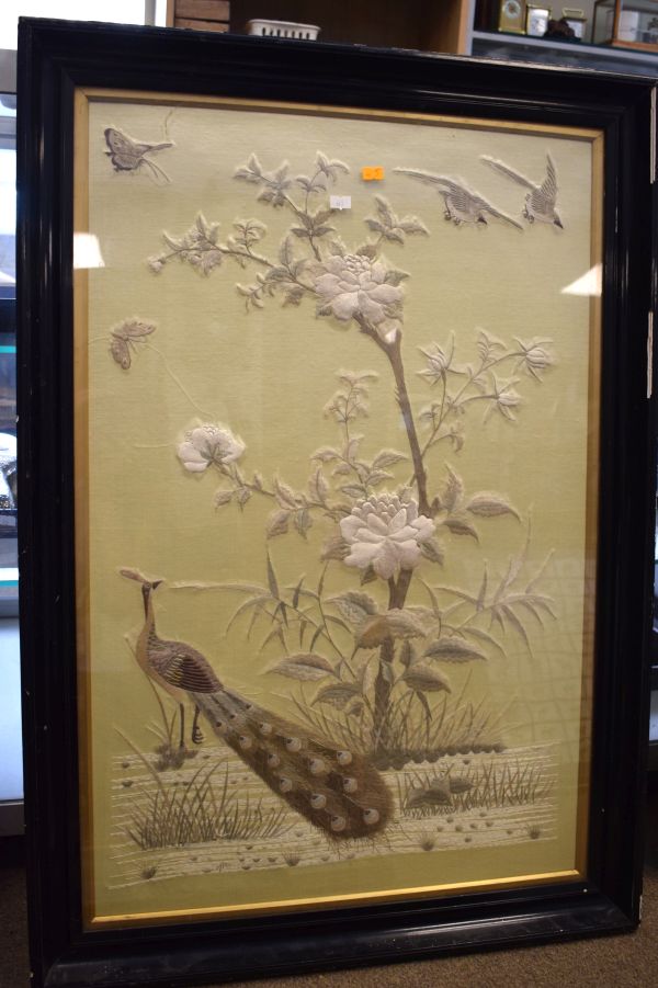 Early 20th Century Oriental embroidered silk panel depicting a peacock in a landscape, 91.5cm x - Image 4 of 4