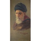 Carl Marin - Oil on wooden panel - Portrait of a North African gentleman, 28cm x 14.5cm, unframed