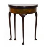 Small old reproduction George II style mahogany demi-lune fold-over supper table standing on slender
