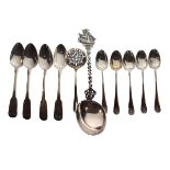 Small group of silver spoons to include; four Georgian Fiddle pattern teaspoons, five later