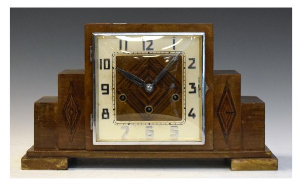 Art Deco inlaid walnut mantel clock, the square Arabic dial with raised silver numerals and square