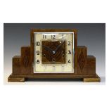 Art Deco inlaid walnut mantel clock, the square Arabic dial with raised silver numerals and square