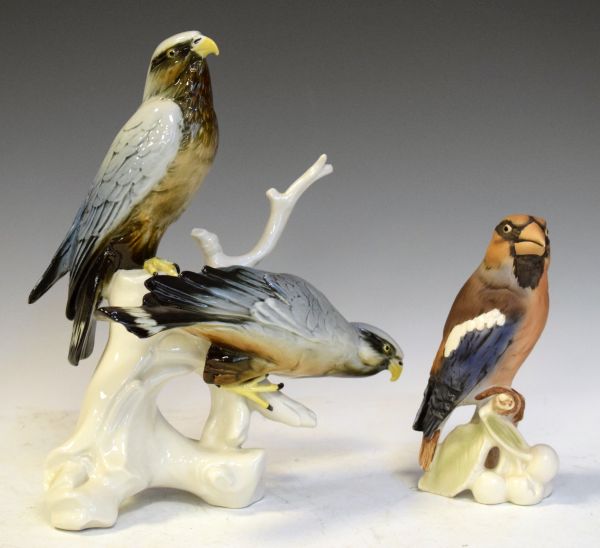 Karl Ens porcelain figure group depicting two eagles, together with a Goebel figure of a finch