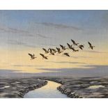 Geoffrey Campbell Black - Oil on canvas - Landscape with geese in flight, signed, 36.5cm x 44cm,