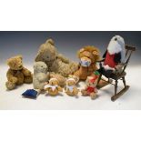 Vintage mohair teddy bear, together with various other soft toys and a miniature rocking chair
