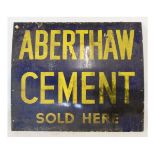 Enamelled tin plate sign advertising Aberthaw Cement Sold Here, the yellow lettering on dark blue