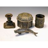 Small group of silver and Eastern white metal comprising: George VI silver table candlestick of