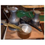 Small group of metalwork comprising: two 19th Century pewter 'tappit hens', each with twin acorn