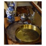Copper tray of multi lobed design, circular brass tray, Britannia metal teapot and a novelty pottery