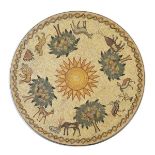 Circular mosaic tile work table top, made in Jordan depicting a central sunburst within lion,