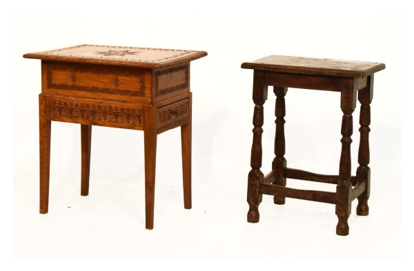 Oak 'joynt' stool in the 17th Century taste with rectangular seat on turned supports and plain