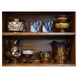 Selection of late Victorian pottery to include; copper lustre jugs, mug, goblet and a pair of