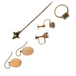 Unmarked yellow metal ring set green stone, similar screw earrings, similar stickpin and a pair of