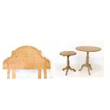 Two pine tripod occasional tables together with a double headboard Condition: