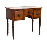 19th Century mahogany bowfront kneehole side/dressing table fitted three drawers and standing on