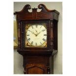 19th Century oak and mahogany longcase clock by Joseph Tanner of Cirencester, the hood with swan