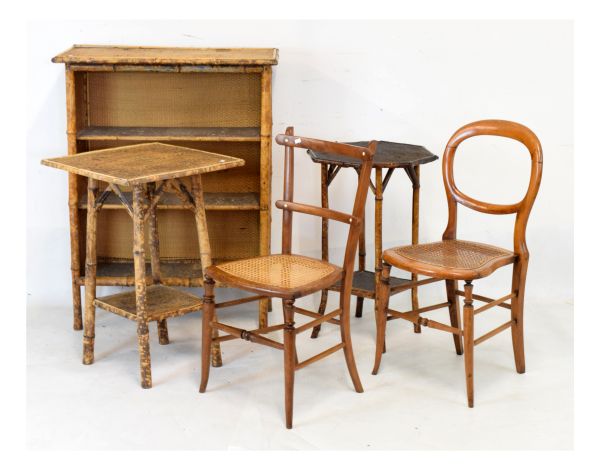 Group of late Victorian bamboo and cane work furniture comprising a set of open bookshelves,