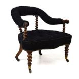 Victorian walnut framed back easy chair, the overstuffed back rest on barley twist supports and