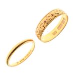 Engraved 22ct gold wedding band, size R, together with a plain 22ct gold wedding band, size M,