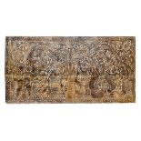 Large Indian carved hardwood relief panel depicting figures in a landscape with cattle, 91cm x 183cm