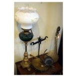 20th Century brass paraffin lamp with opaque glass shade and green reservoir, together with assorted