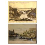 Two printed views of the Clifton suspension Bridge, the larger commemorating the visit of Queen