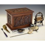 Carved mahogany box containing a vintage toy mangle, silver purse etc Condition: