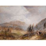 Edward Tucker - 19th Century watercolour - Mountainous landscape with figure and cattle on a
