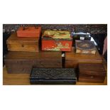 Group of eight assorted boxes and tins to include; Oak, rosewood and walnut examples, chip-carved