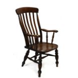 Mid 19th Century elm and fruitwood lath-back kitchen chair with open arms on turned supports, saddle