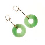 Pair of yellow metal mounted jade hoop earrings Condition: