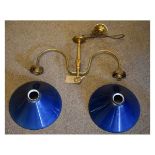 Early 20th Century brass two branch ceiling light fitting with a pair of opaque white and blue glass