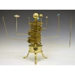 20th Century kit built brass orrery with stacked exposed gearing on drum base and tripod support
