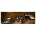 Selection of plated wares to include; Georgian style piecrust salver on four ball and claw feet,