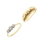 Three stone diamond ring, yellow metal shank stamped 18ct Pt, size M½, together with an 18ct gold