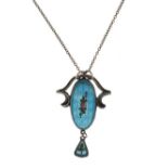 Charles Horner Sterling Silver and pale blue enamel pendant and chain having floral decoration