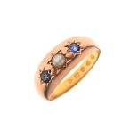 Victorian gold gypsy ring set seed pearl and blue stones, hallmarks partially indistinct, size Q,