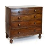 Victorian mahogany chest of two short and three long graduated drawers on turned supports Condition: